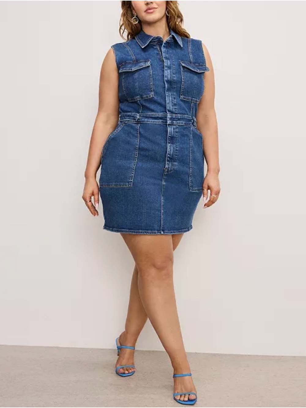 NWT Good American Fit For Success Sleeveless Denim Utility Mini Dress Blue 1XL
